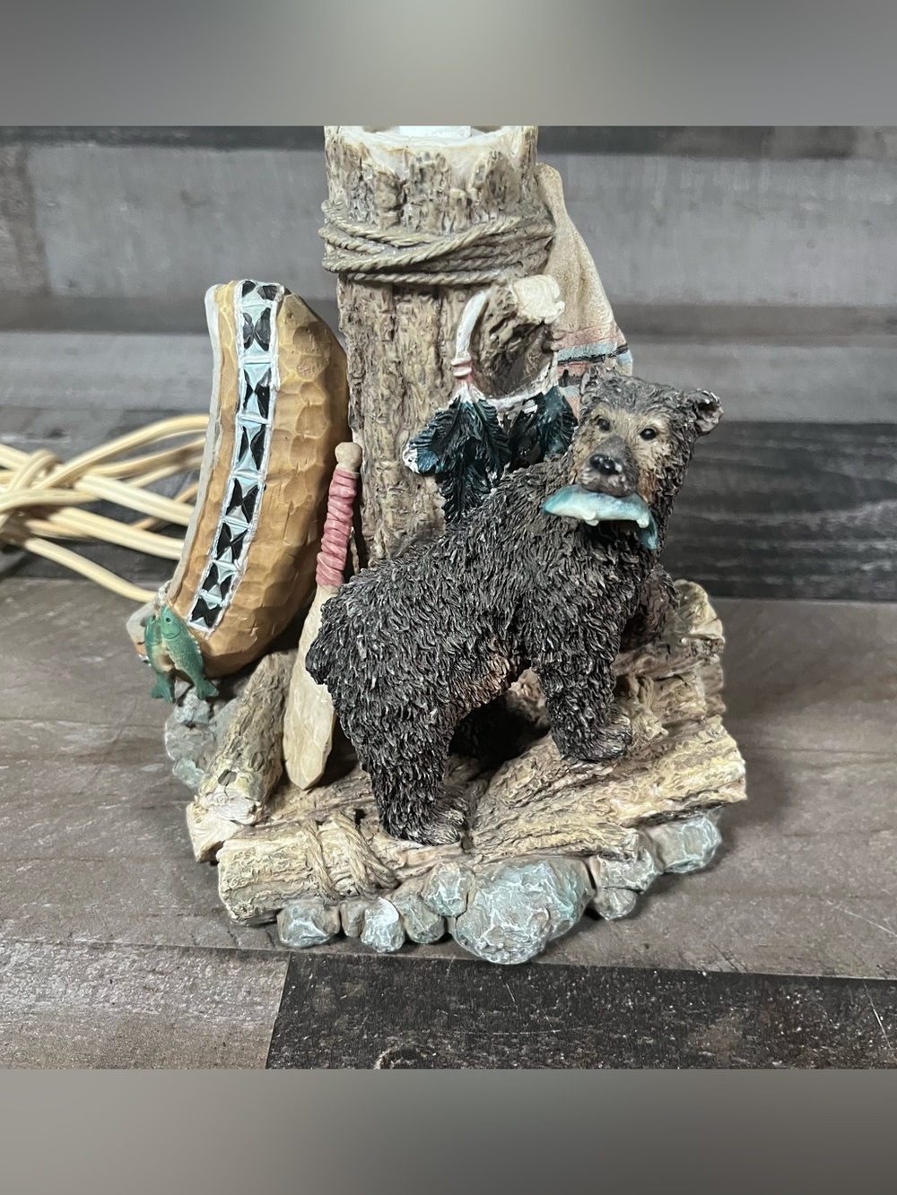 Grizzly Bear Fish In Mouth Canoe  Lamp Native American Background Rustic